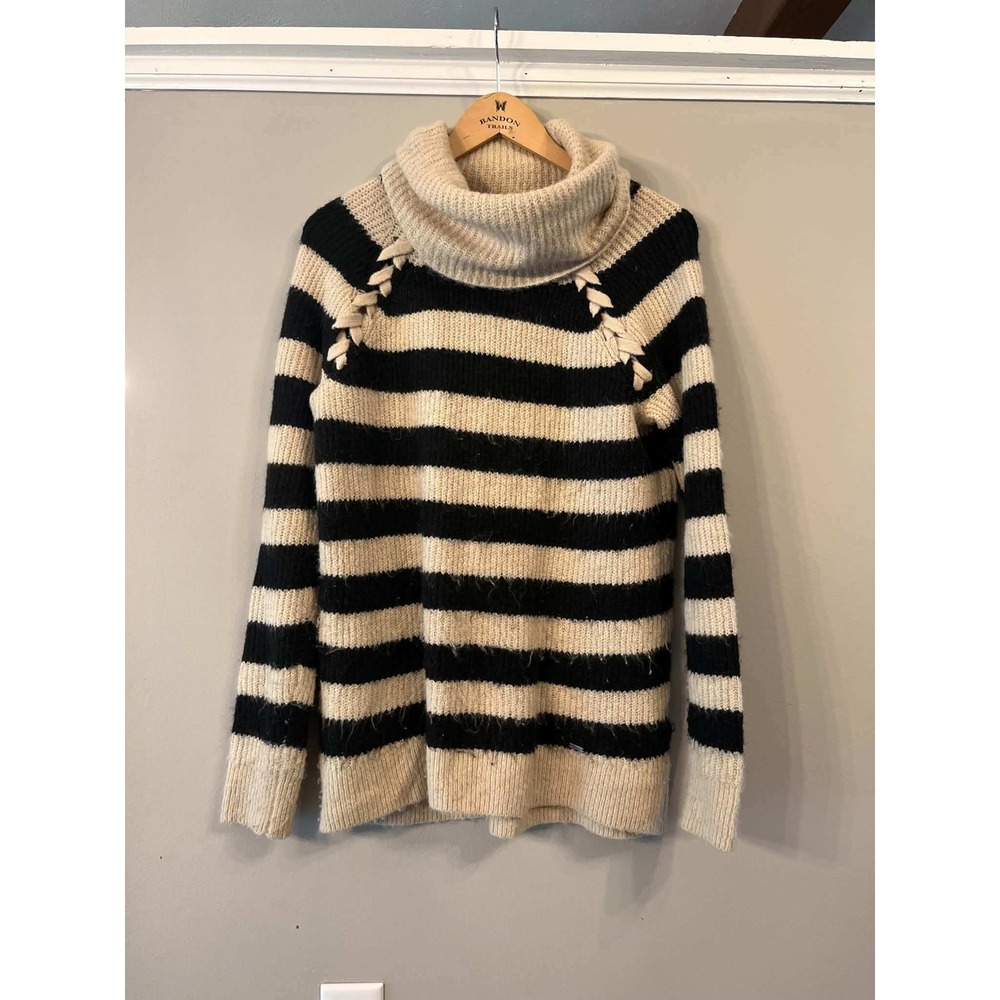 Hollister Womens Striped Cowl Neck Lace Up Shoulder Knit Sweater Black Cream M